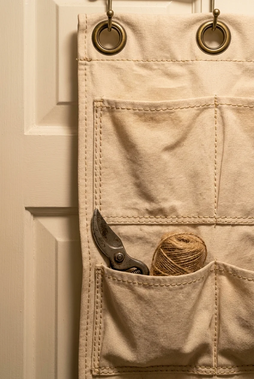 Detailed view of canvas wall pockets holding tools and crafting supplies.