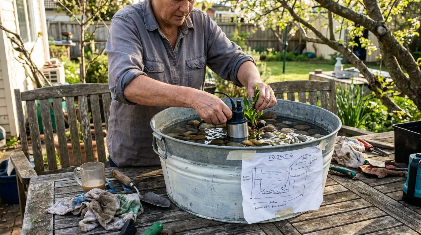 Editorial photograph illustrating: Project 6: Painted Galvanized Tub Water Feature