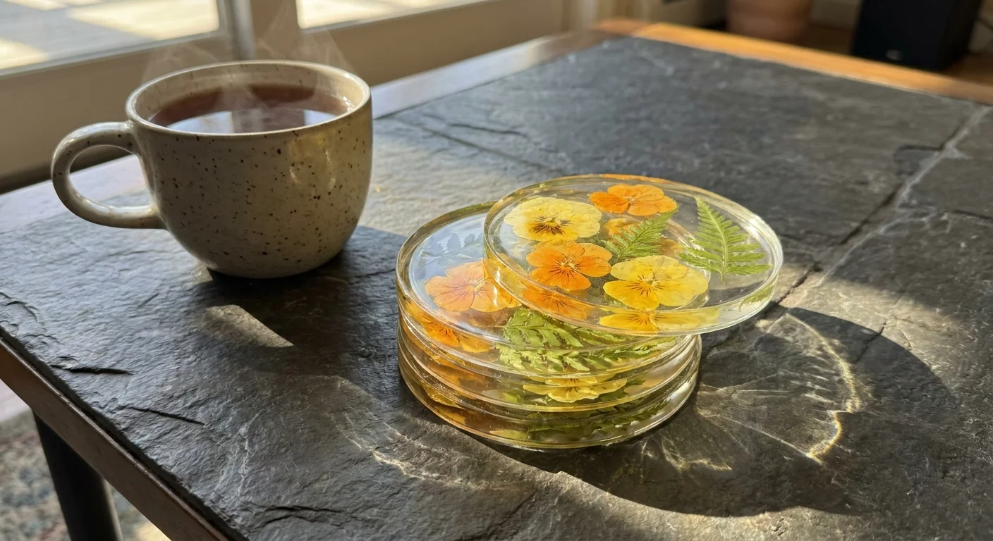 Four clear resin coasters containing pressed yellow flowers and ferns, stacked on a slate table.