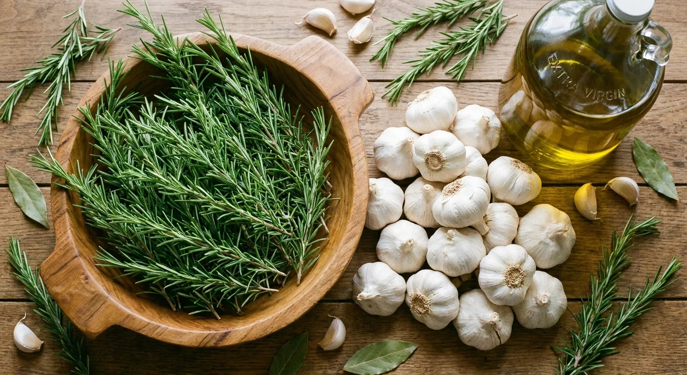 Fresh rosemary branches, garlic bulbs, and a jug of golden olive oil arranged on a table.