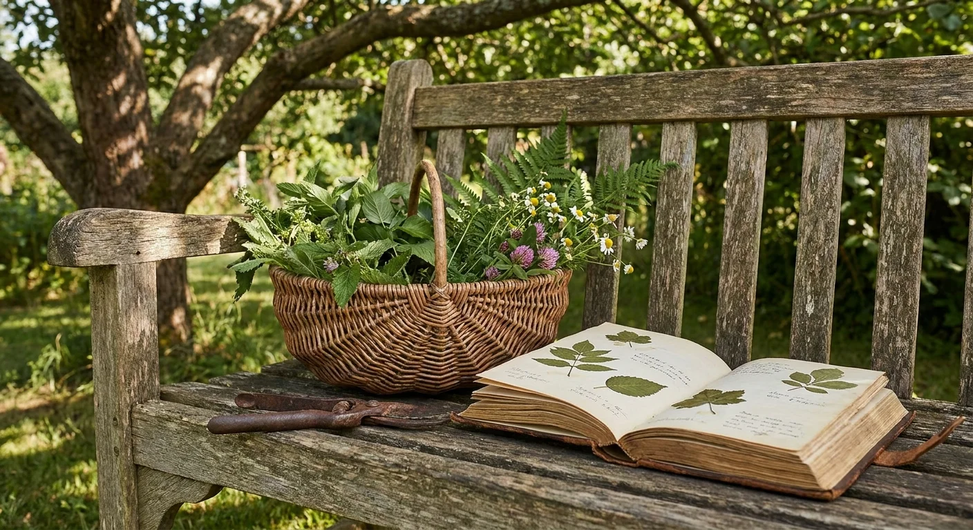 Garden shears, a basket of fresh leaves, and a thick book for pressing plants on a wooden bench.
