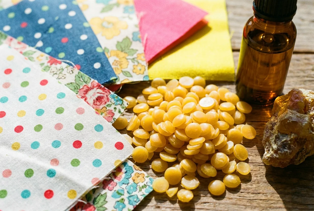 Golden beeswax pellets, colorful cotton fabric squares, and a small bottle of jojoba oil.
