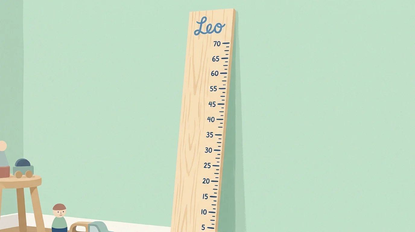 Gouache illustration of a wooden height growth chart with painted numbers and a child's name.