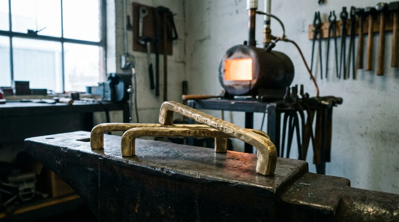 Hand-hammered brass cabinet handles resting on a blacksmith's anvil in a workshop.