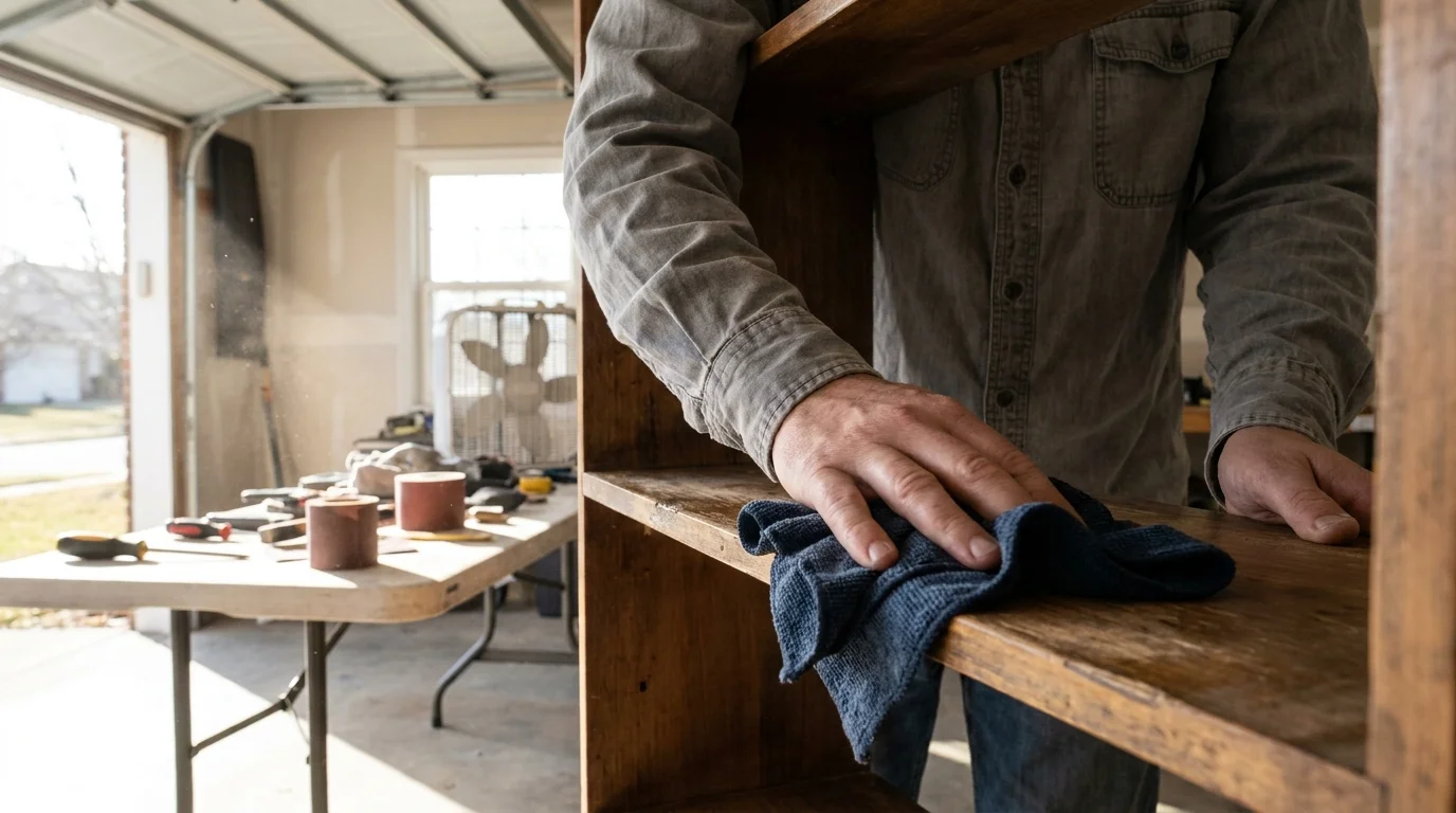 Hands cleaning a wooden shelf with a cloth in a sunlit garage workspace filled with tools.