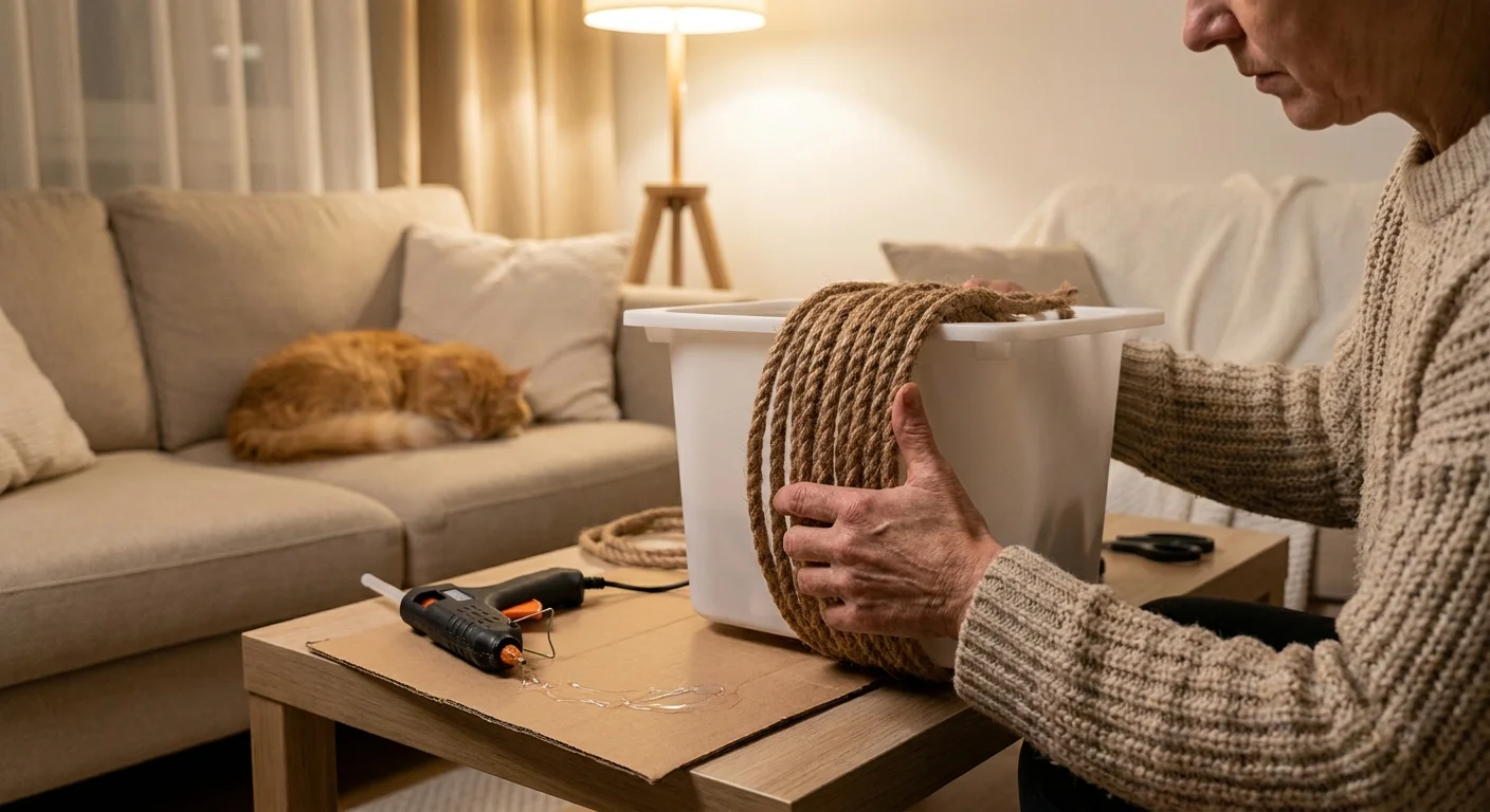 Hands wrapping thick jute rope around a plastic bin to create a decorative basket.
