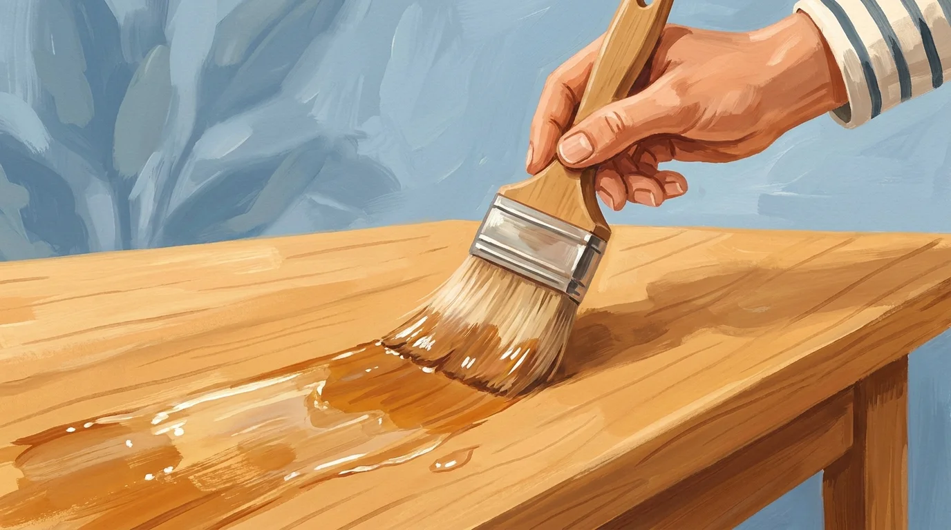 Illustration of a hand applying a clear finish to a wooden project with a brush.