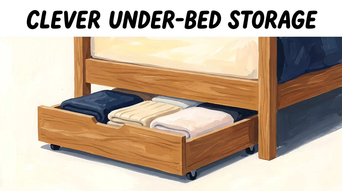 Illustration of a wooden drawer on wheels tucked neatly under a bed frame.