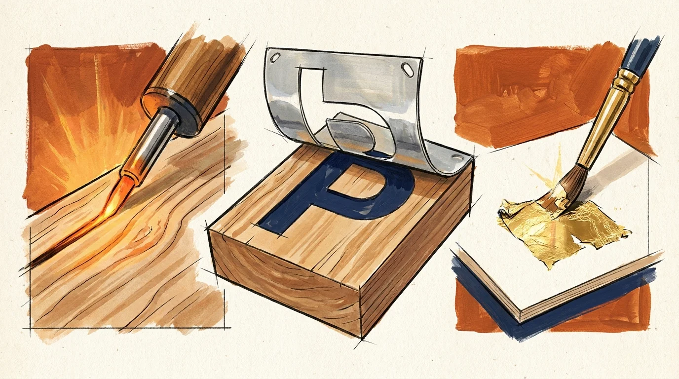 Illustration showing wood-burning, stenciling, and hand-painting techniques for personalizing gifts.