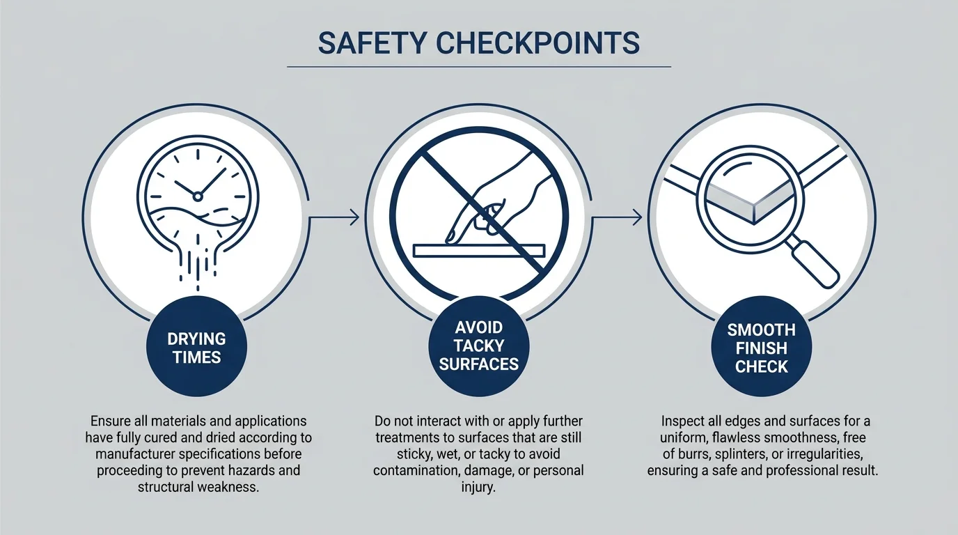 Infographic with icons for drying times, avoiding tacky surfaces, and checking for smooth finishes.