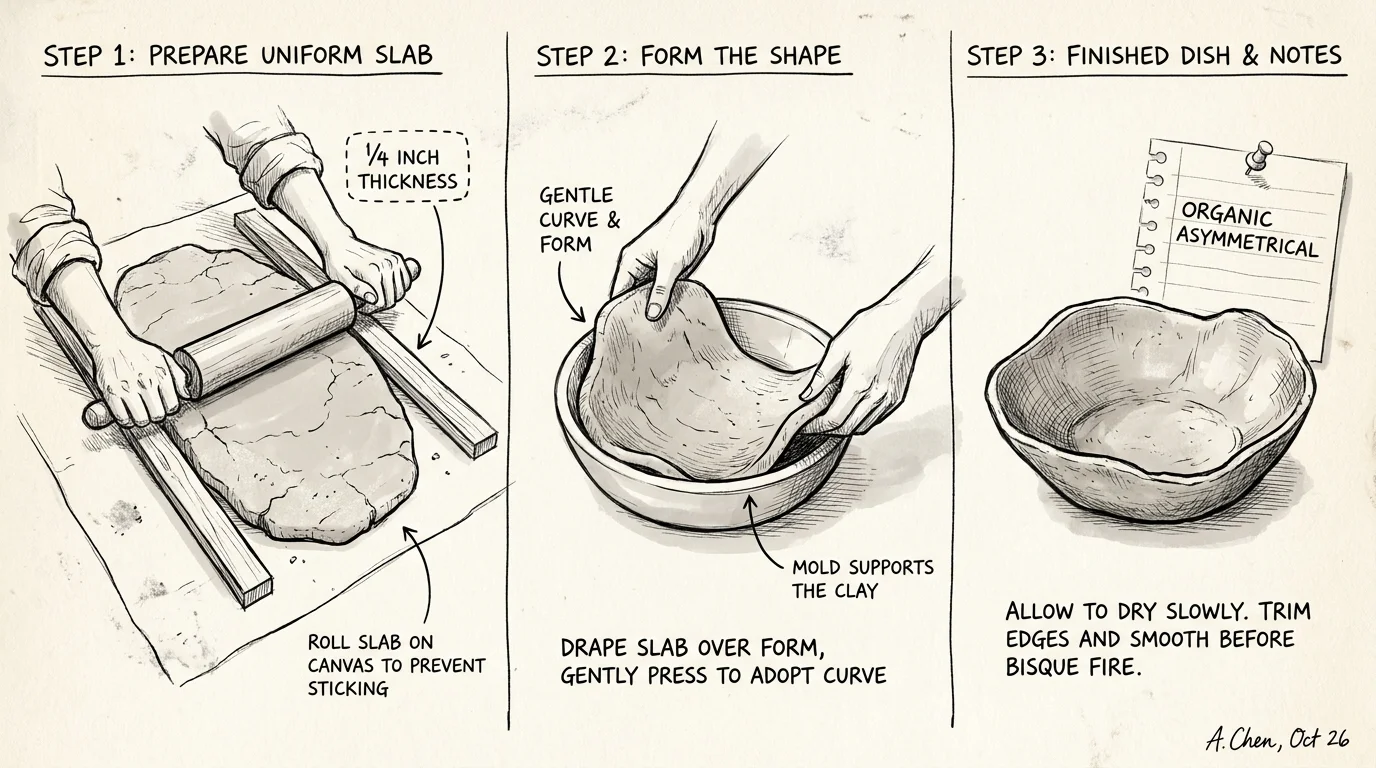 Ink sketches showing the process of rolling clay to 1/4 inch thickness and draping it into a bowl for shaping.