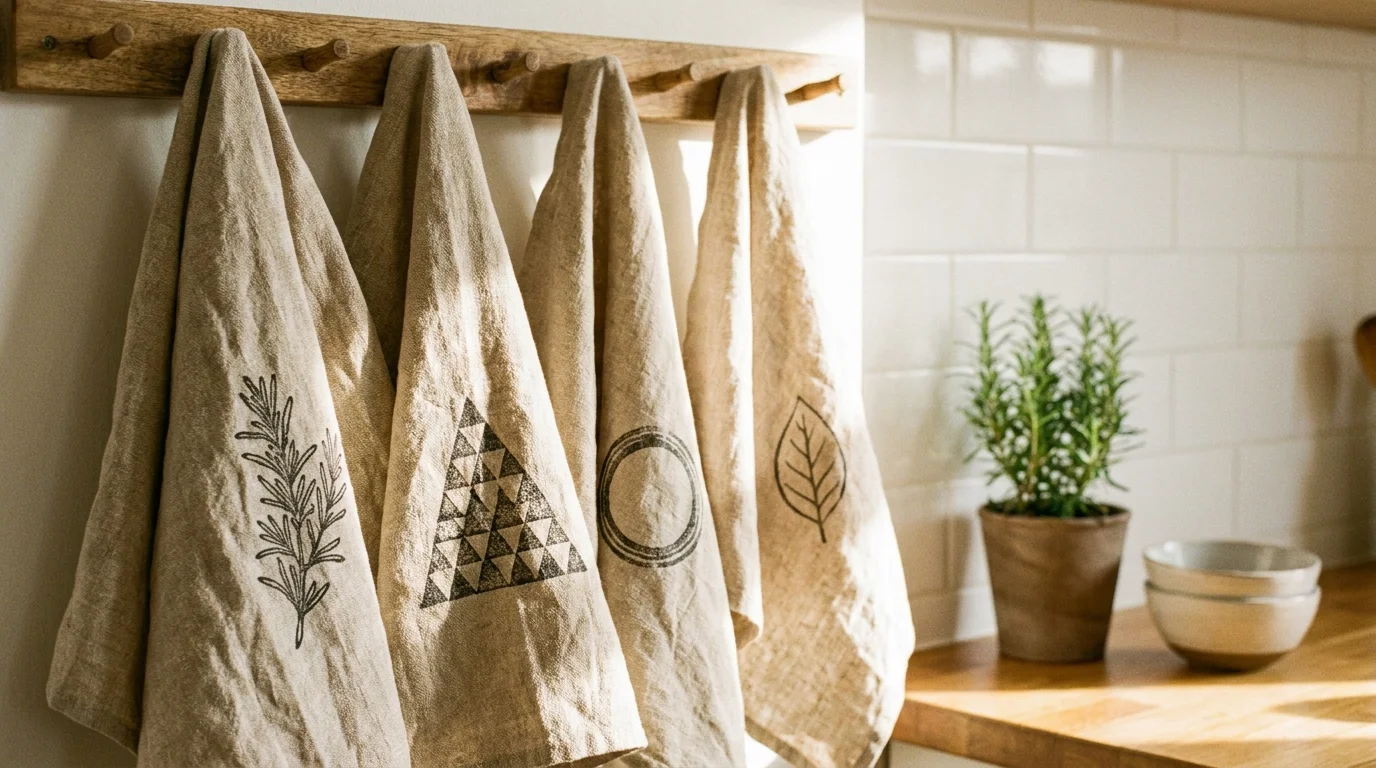 Oatmeal-colored linen tea towels with charcoal grey stamped patterns hanging on a wooden rail.