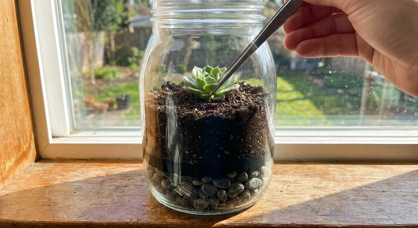 Side view of a glass jar terrarium showing layers of pebbles, charcoal, and soil with a succulent being planted.