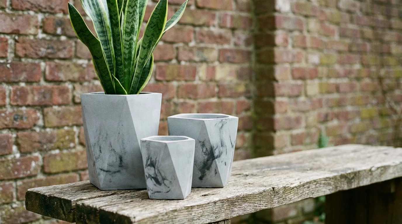 Three geometric grey concrete planters with sharp edges and a minimalist architectural style.