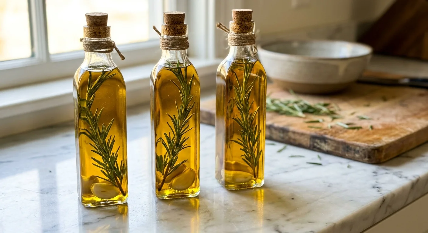 Three glass bottles of golden olive oil infused with fresh rosemary sprigs and garlic cloves.
