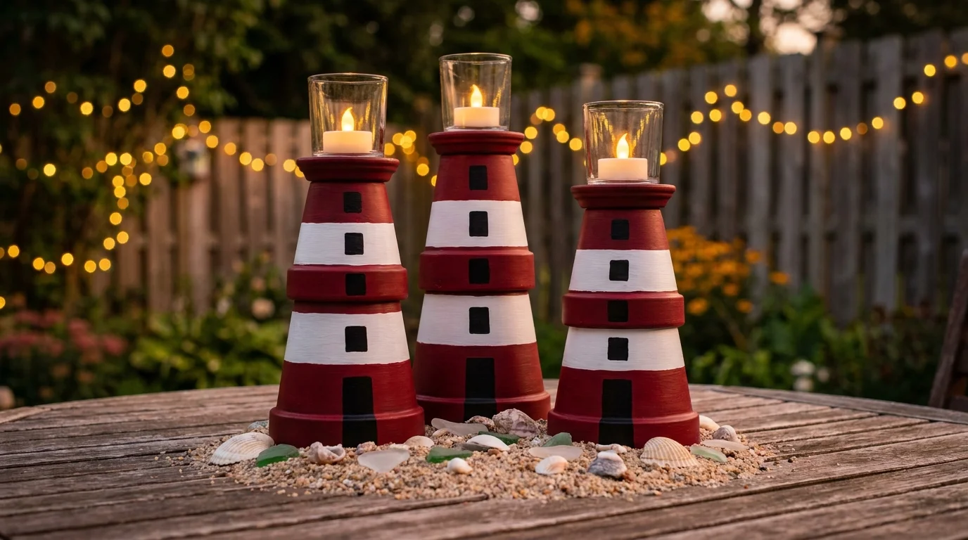 Three hand-painted terracotta pots stacked to look like lighthouses, displayed on a patio at dusk.