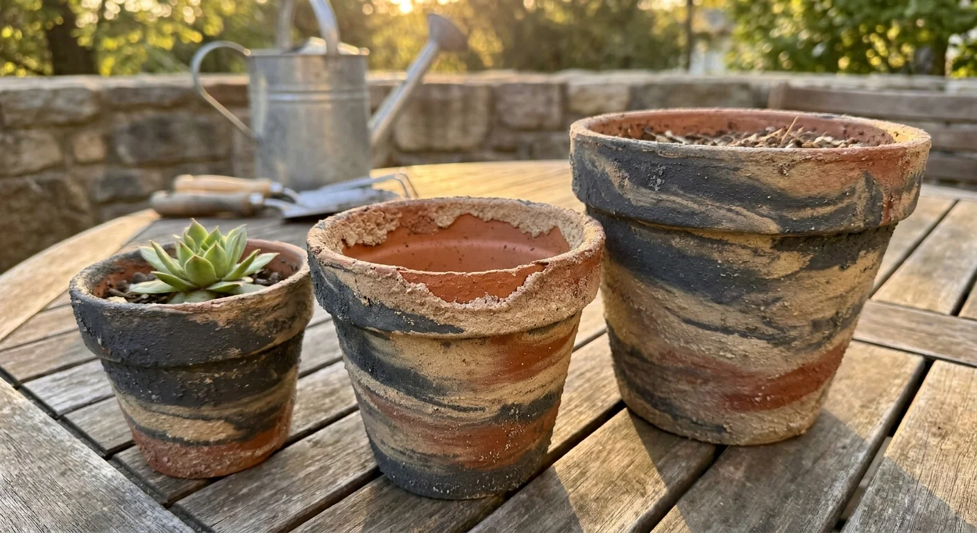 Three terracotta pots with a textured, stony paint finish sitting on a patio table in the sun.