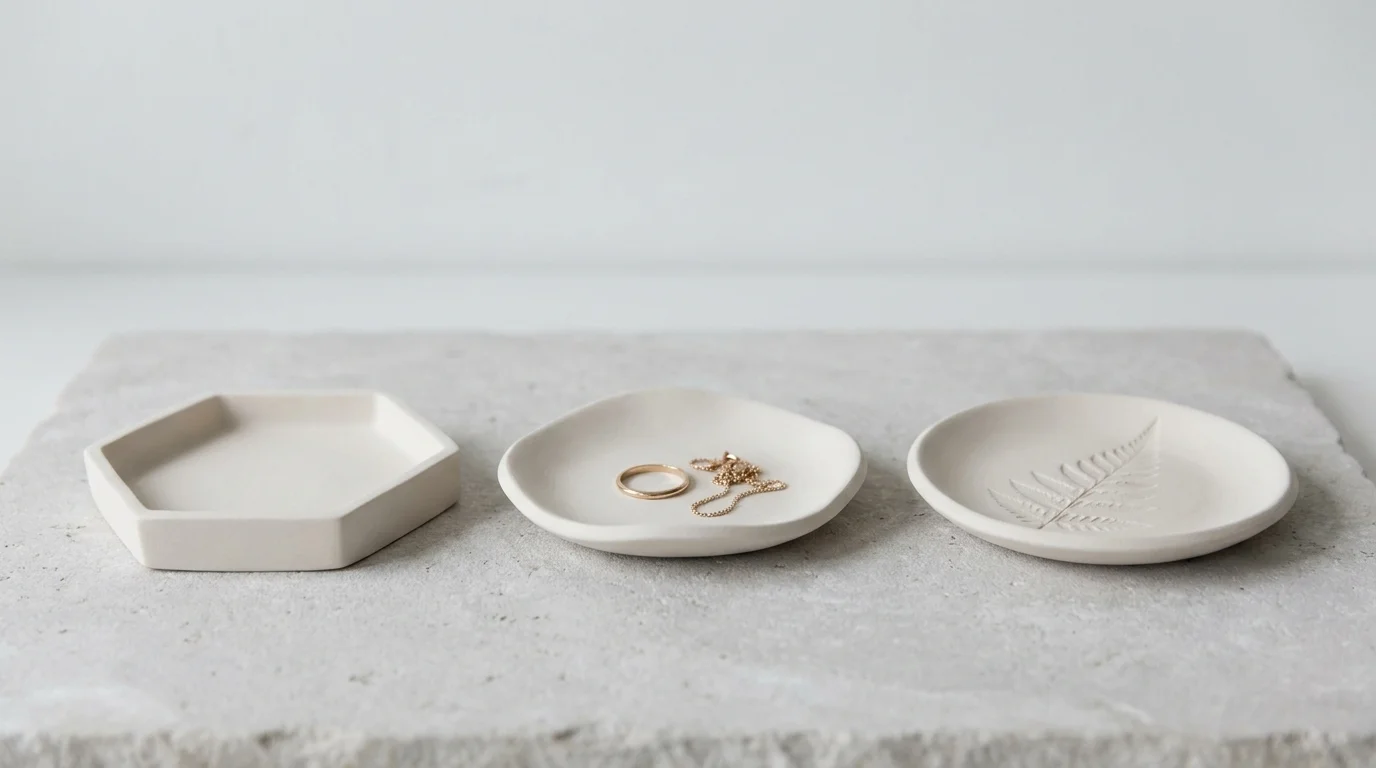Three white minimalist clay jewelry dishes with different shapes and textures sitting on a stone surface.