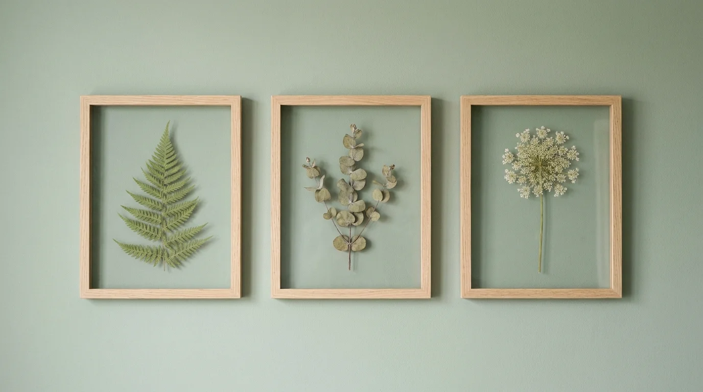 Three wooden frames hanging on a green wall, each containing a different pressed botanical specimen.