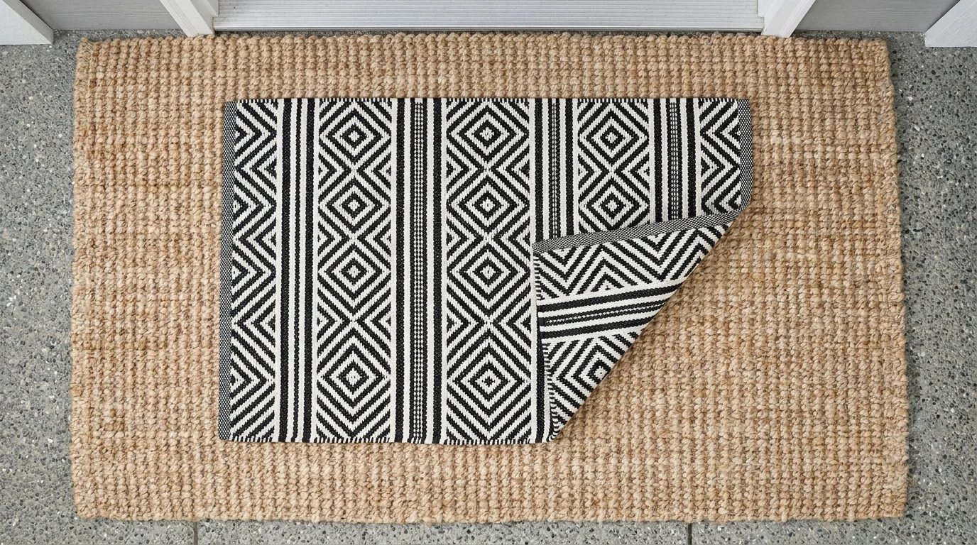 Top-down view of a black and white patterned rug layered over a larger natural jute rug on a porch.
