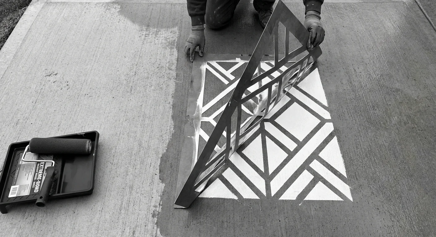 Top-down view of a person lifting a stencil to reveal a painted tile pattern on a concrete patio.