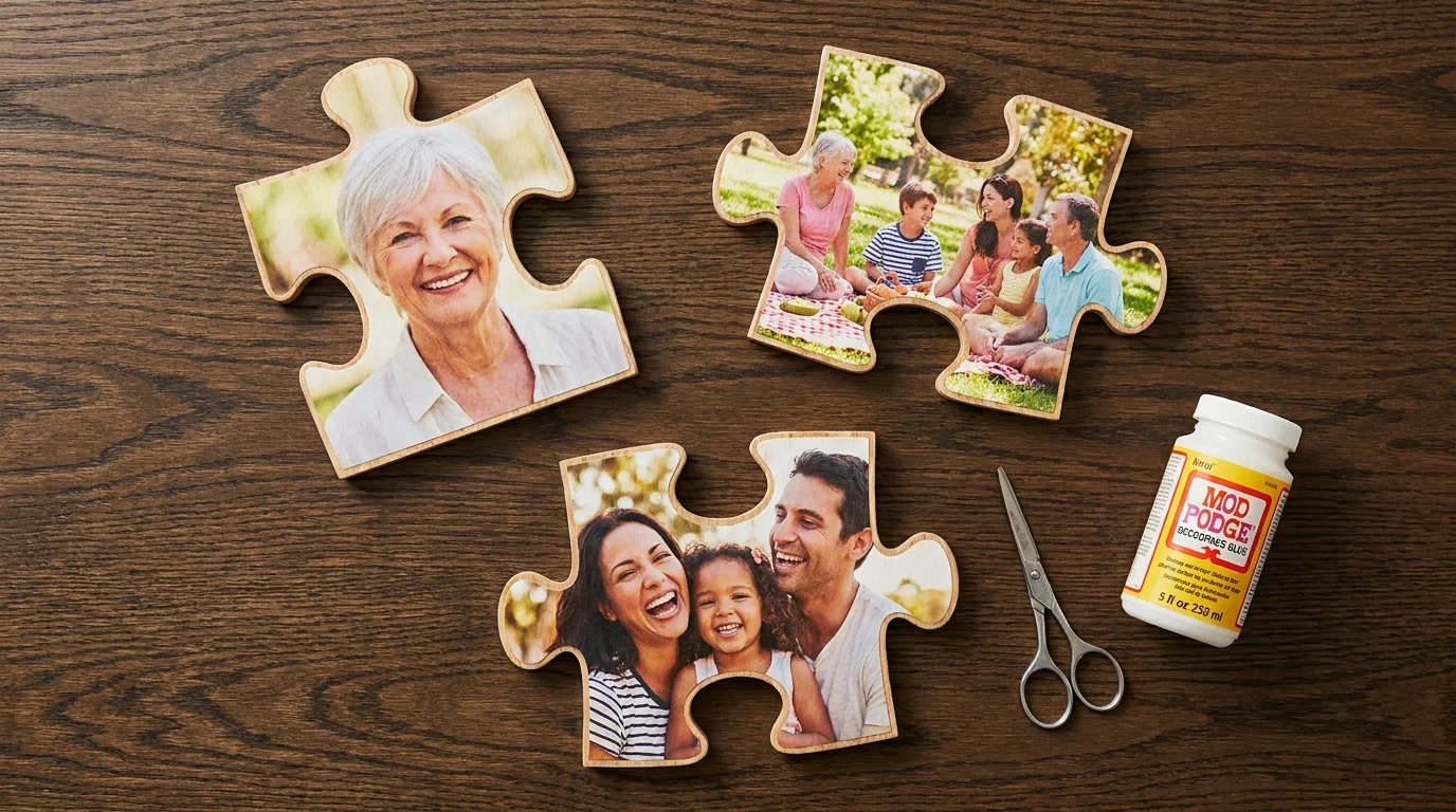 Top-down view of wooden puzzle pieces with family photos decoupaged on them, next to crafting supplies.