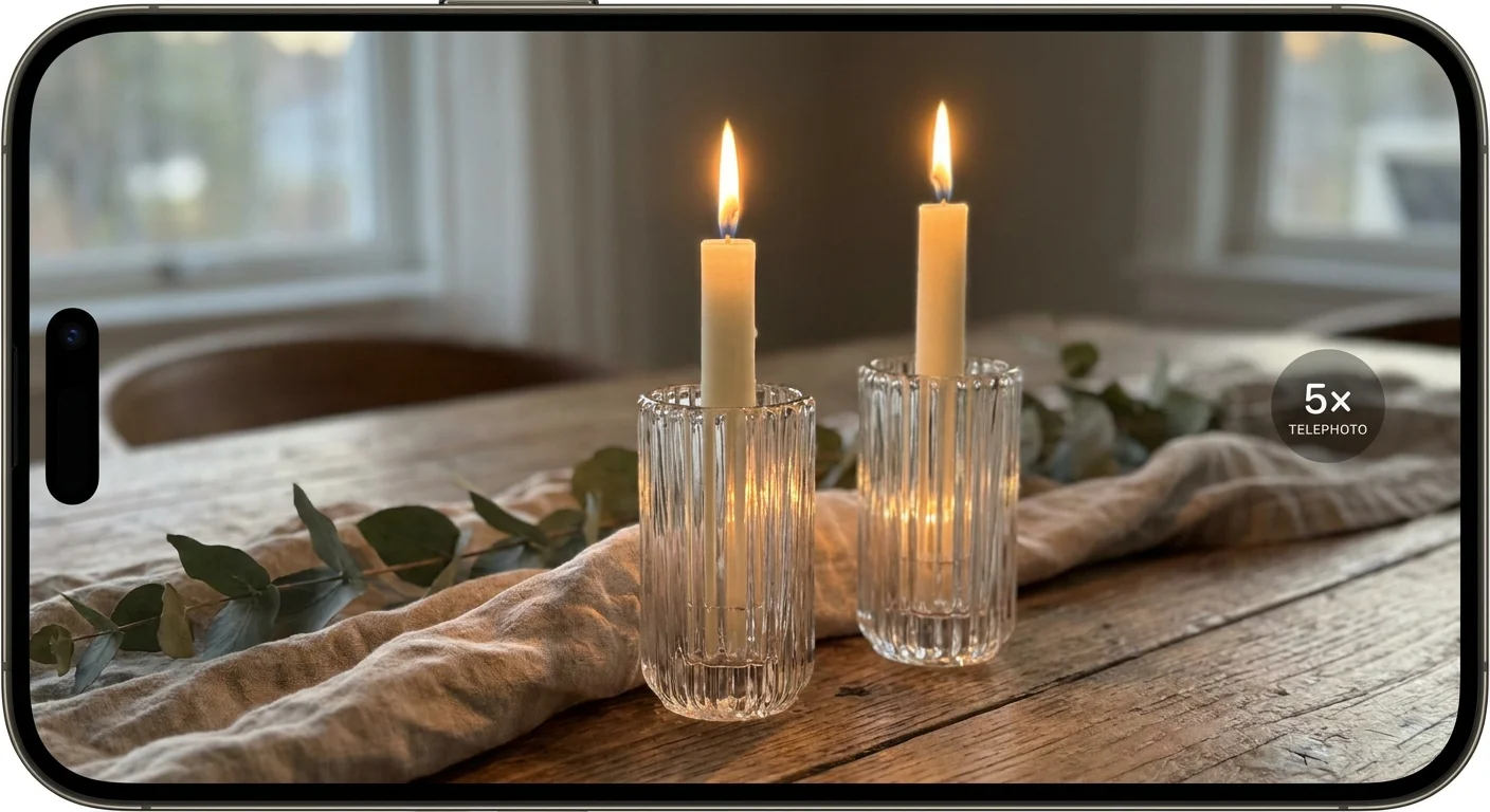 Two lit taper candles in fluted glass holders on a dining table, with warm flame reflections.