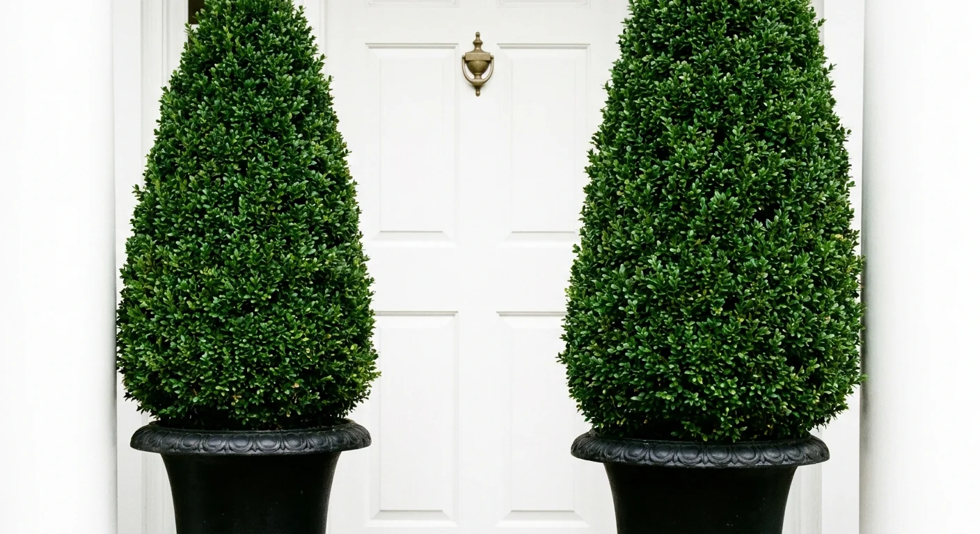 Two symmetrical tall green topiaries in black pots flanking a white front door.