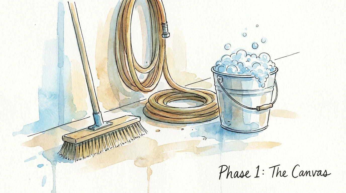 Watercolor and ink illustration of a broom, bucket, and garden hose arranged on a porch floor.