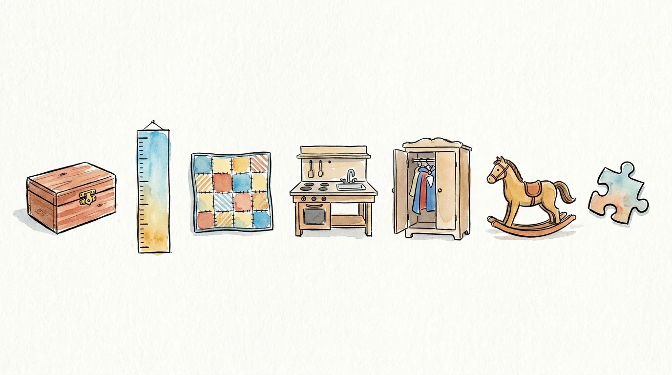 Watercolor and ink illustrations of seven different handmade gifts including a memory box, rocking horse, and quilt.