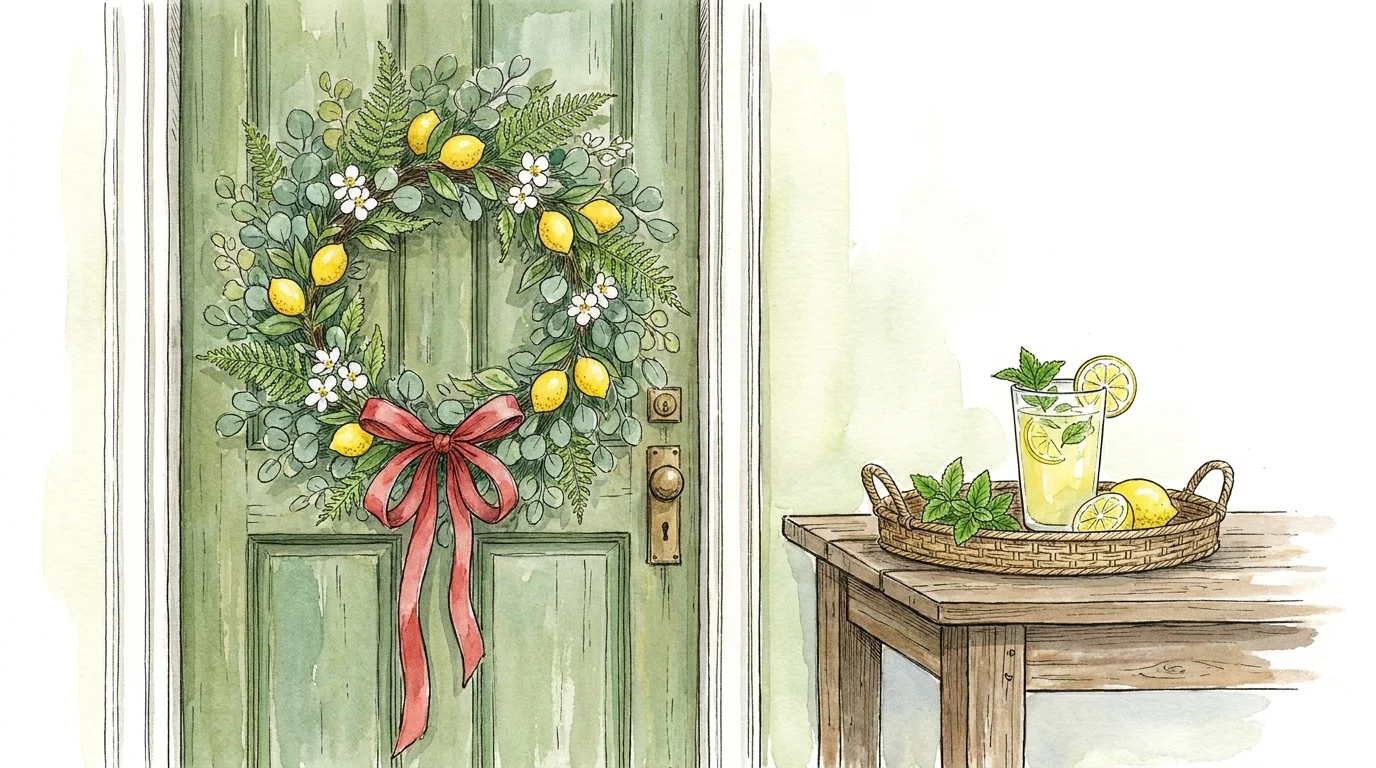 Watercolor illustration of a decorative wreath with a ribbon and a small tray with a drink.
