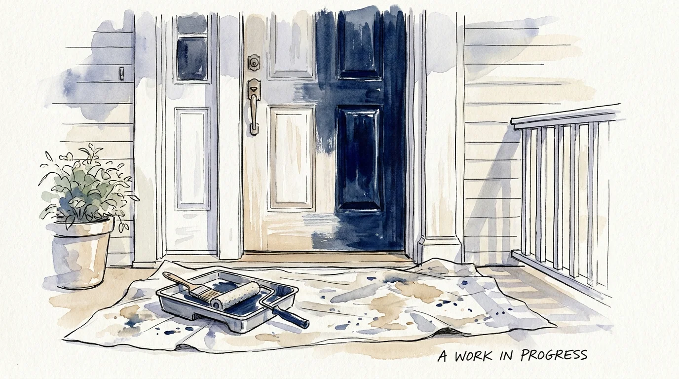 Watercolor illustration of a front door being painted navy blue with a roller and paint tray nearby.