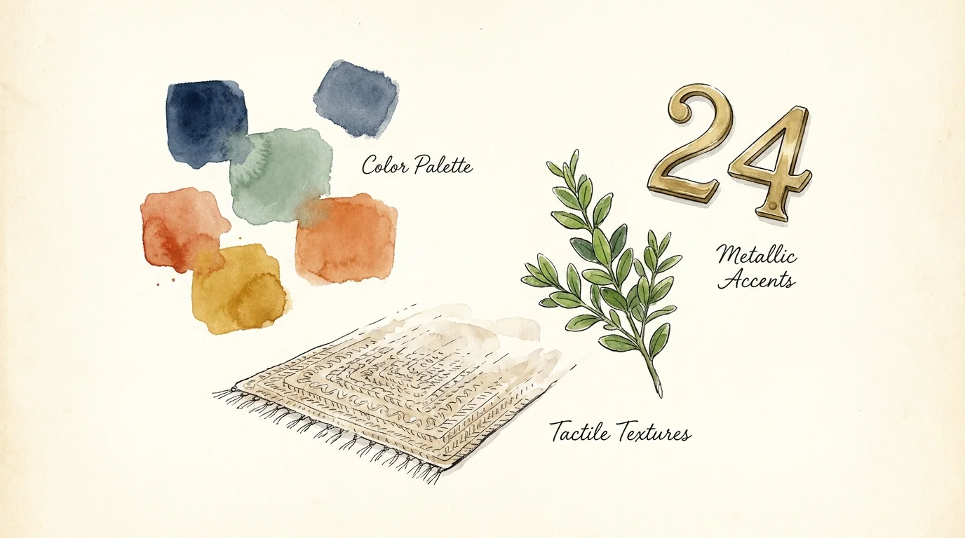 Watercolor illustration of a mood board with paint swatches, fabric textures, and a brass house number.