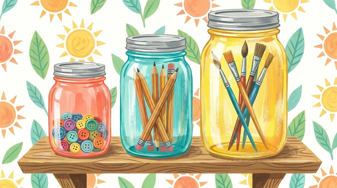 Whimsical gouache painting of three glass jars filled with colorful craft supplies.