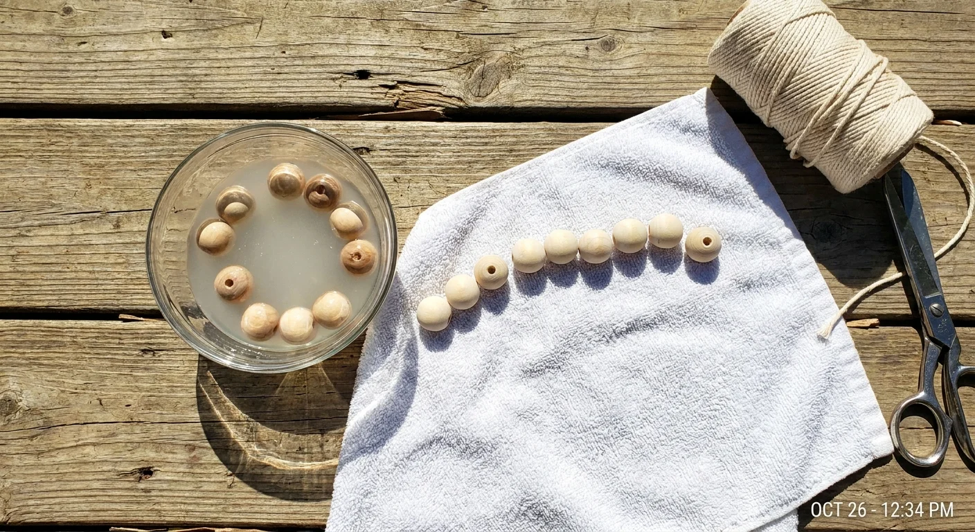 Wooden beads soaking in a bleach solution and drying in the sun on a wooden deck.