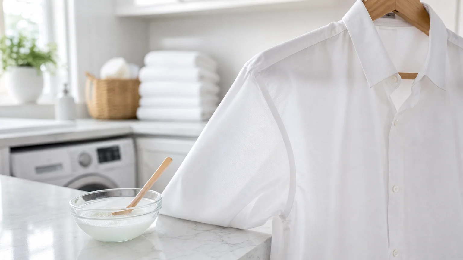 A bright white shirt hangs on a wooden hanger next to a small bowl of cleaning solution, showing no stains.