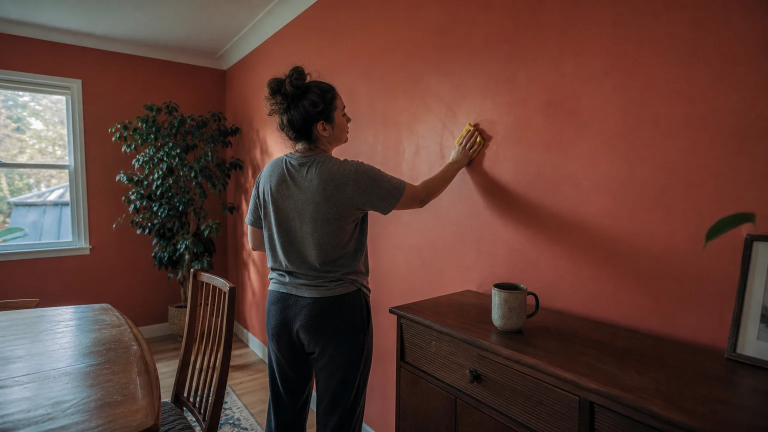 A candid photo of a person gently cleaning a terracotta-colored wall with a sponge in a naturally lit dining room.