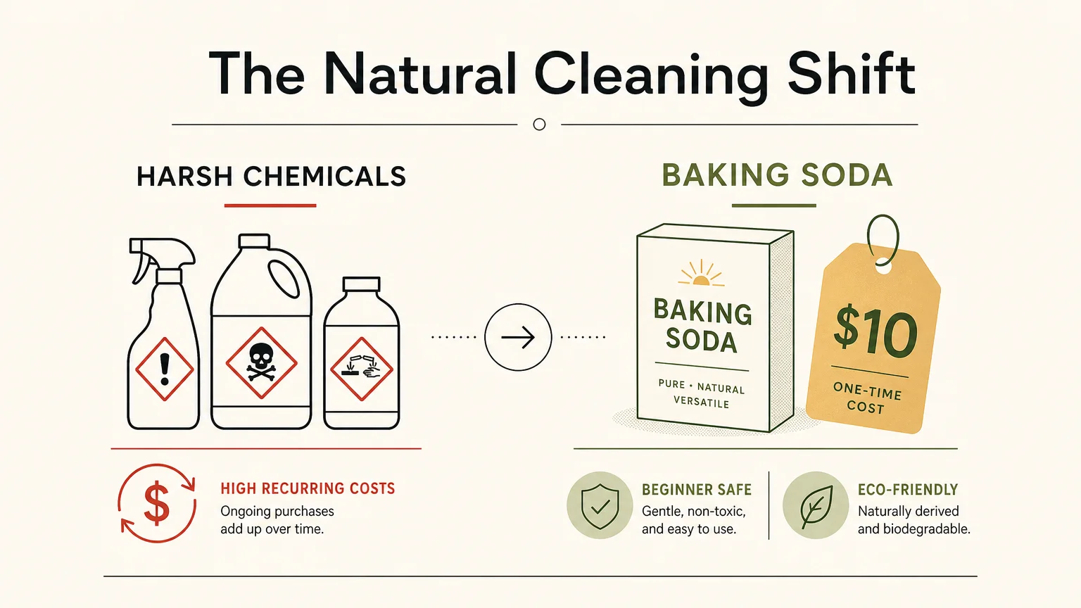 A clean comparative diagram contrasting the costs and complexity of chemical cleaners with simple, ten-dollar bulk baking soda.