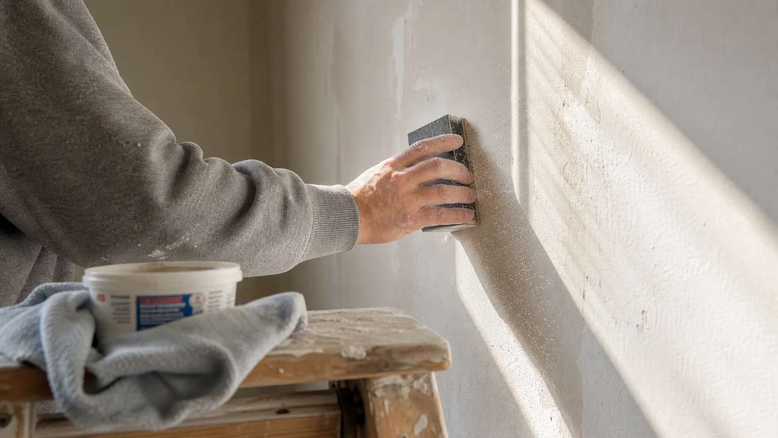 A close-up of a hand sanding a wall with a sanding block, showing fine dust in a beam of sunlight.