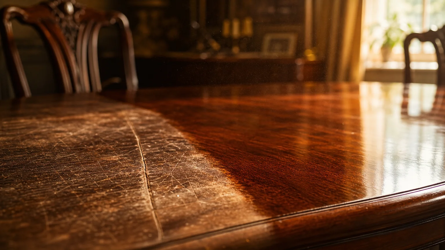 A close-up of a mahogany wooden table surface, showing a clear transition from a scratched, worn finish to a polished, restored surface.