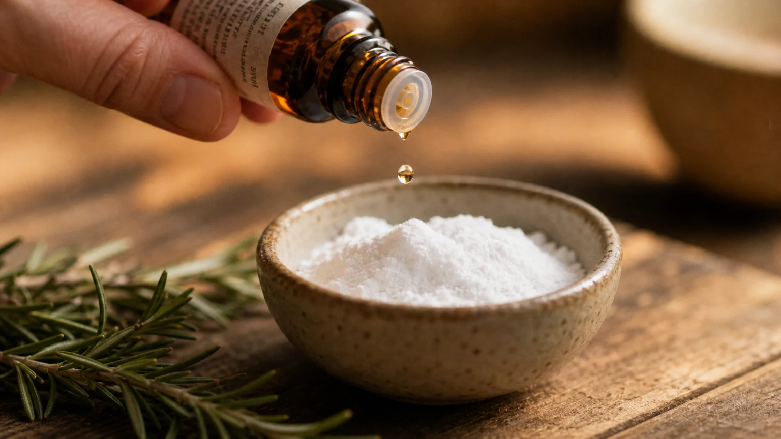 A close-up of an essential oil dropper suspending a golden drop over a ceramic bowl of white baking soda.