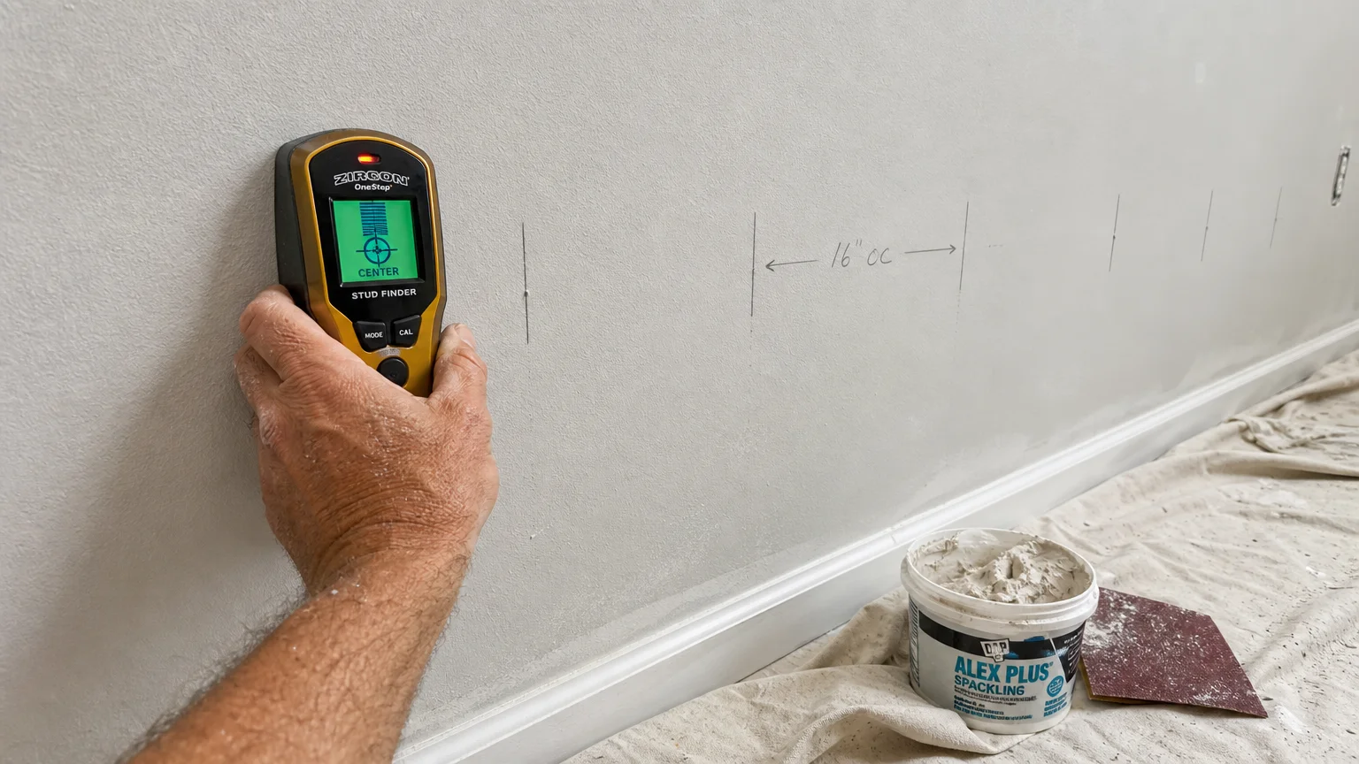 A close-up photo of a hand using a stud finder on a wall with 16-inch markings for shelf installation.