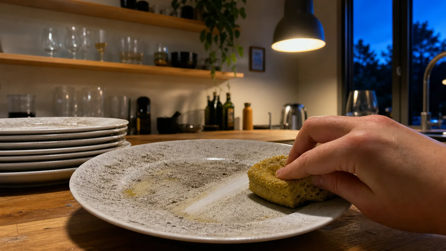 A close-up photo of a person wiping a layer of dust and grease off a ceramic plate in a kitchen with open shelving.