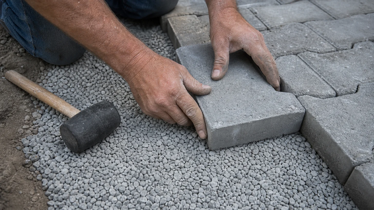 A close-up photo of hands placing a stone block onto a gravel foundation for a DIY fire pit project.