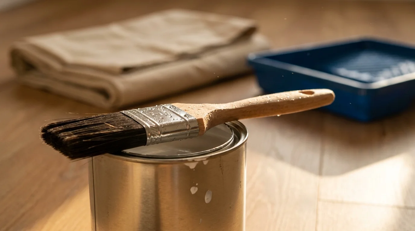 A close-up photograph of a damp, clean paint brush resting on a silver paint can in warm, golden afternoon light.