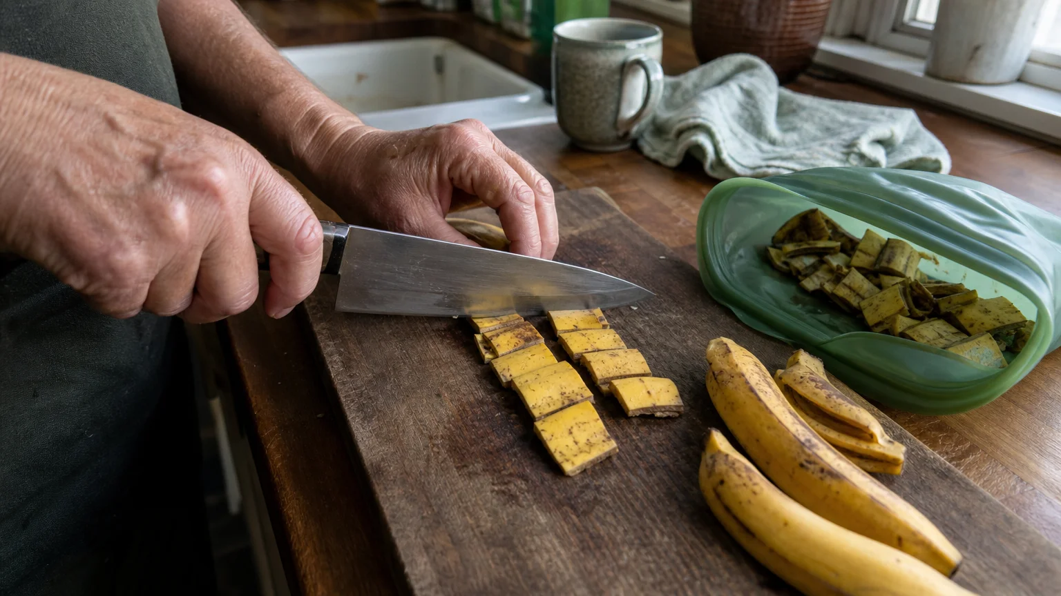 A close-up photograph of hands chopping yellow banana peels into small squares on a wooden cutting board in a sunlit kitchen.