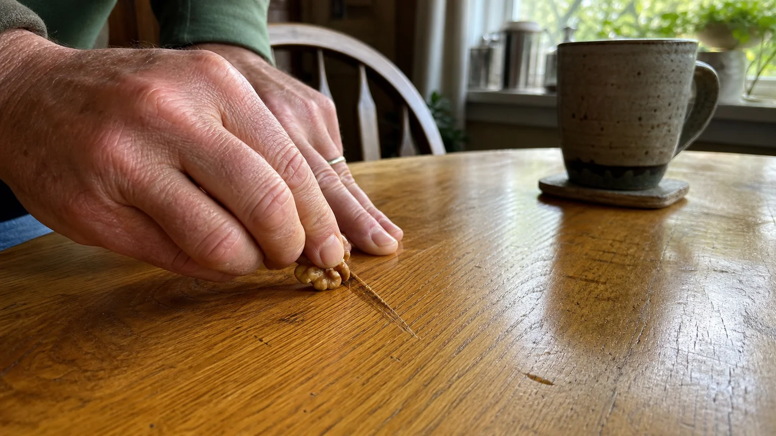 A close-up photograph of hands rubbing a raw walnut across a scratch on a golden oak wooden tabletop.