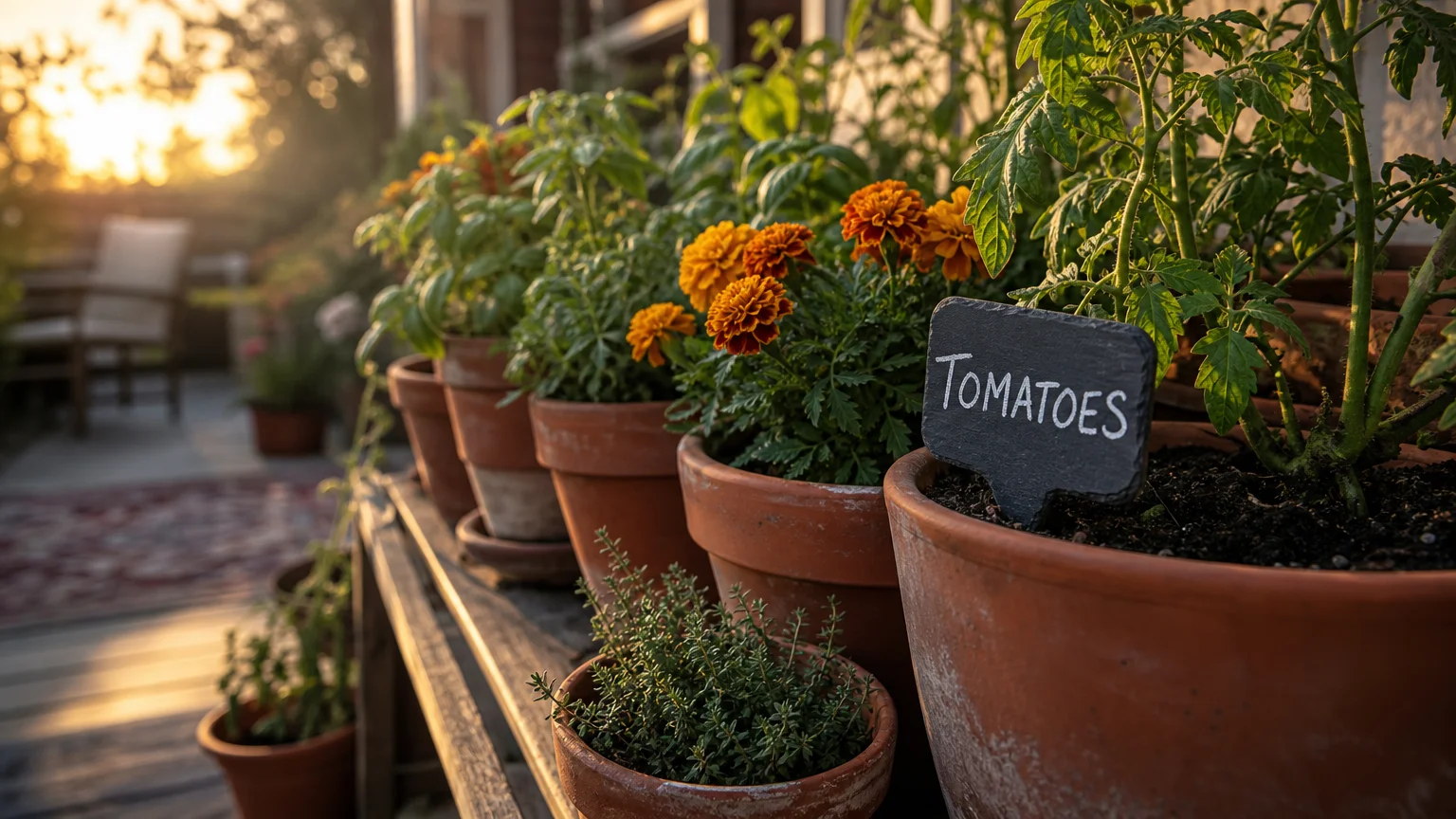 A close-up photograph of terracotta pots with thriving green plants and a slate marker in a warm, golden-hour balcony garden.
