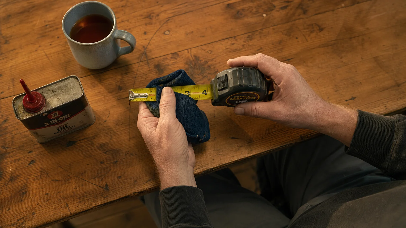 A close-up shot of a person using a blue microfiber cloth to clean wood dust off a yellow tape measure blade at a kitchen table.