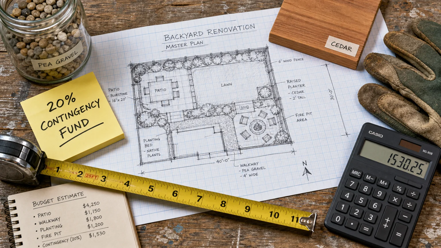 A collage of a backyard master plan, a 20 percent contingency fund note, wood samples, and measuring tools on a workbench.